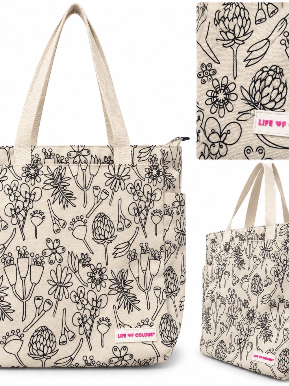 Life of Colour Botanical Doodle Canvas Tote Color Your Own Bag
